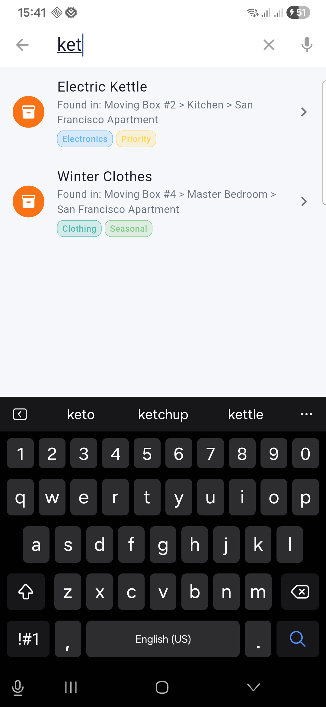 Global search results screen